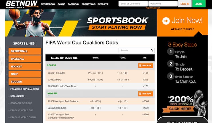 A snapshot of BetNow, one of our top rated soccer betting sites.
